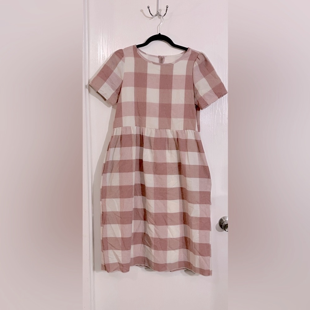 Roolee Checkered Midi Dress in Pink and Cream